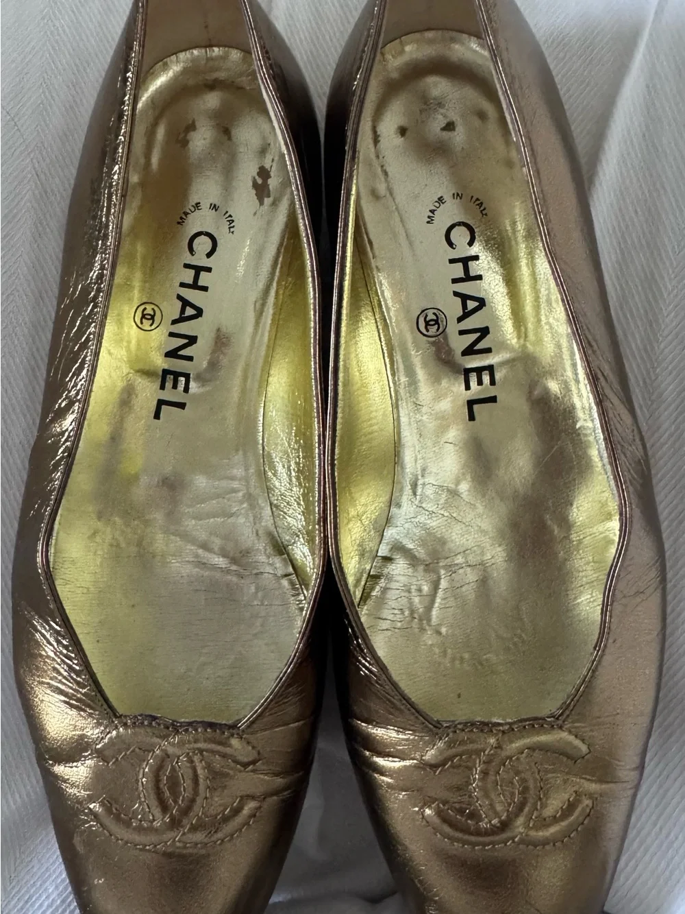 CHANEL Metallic Bronze Leather Ballet Flats
